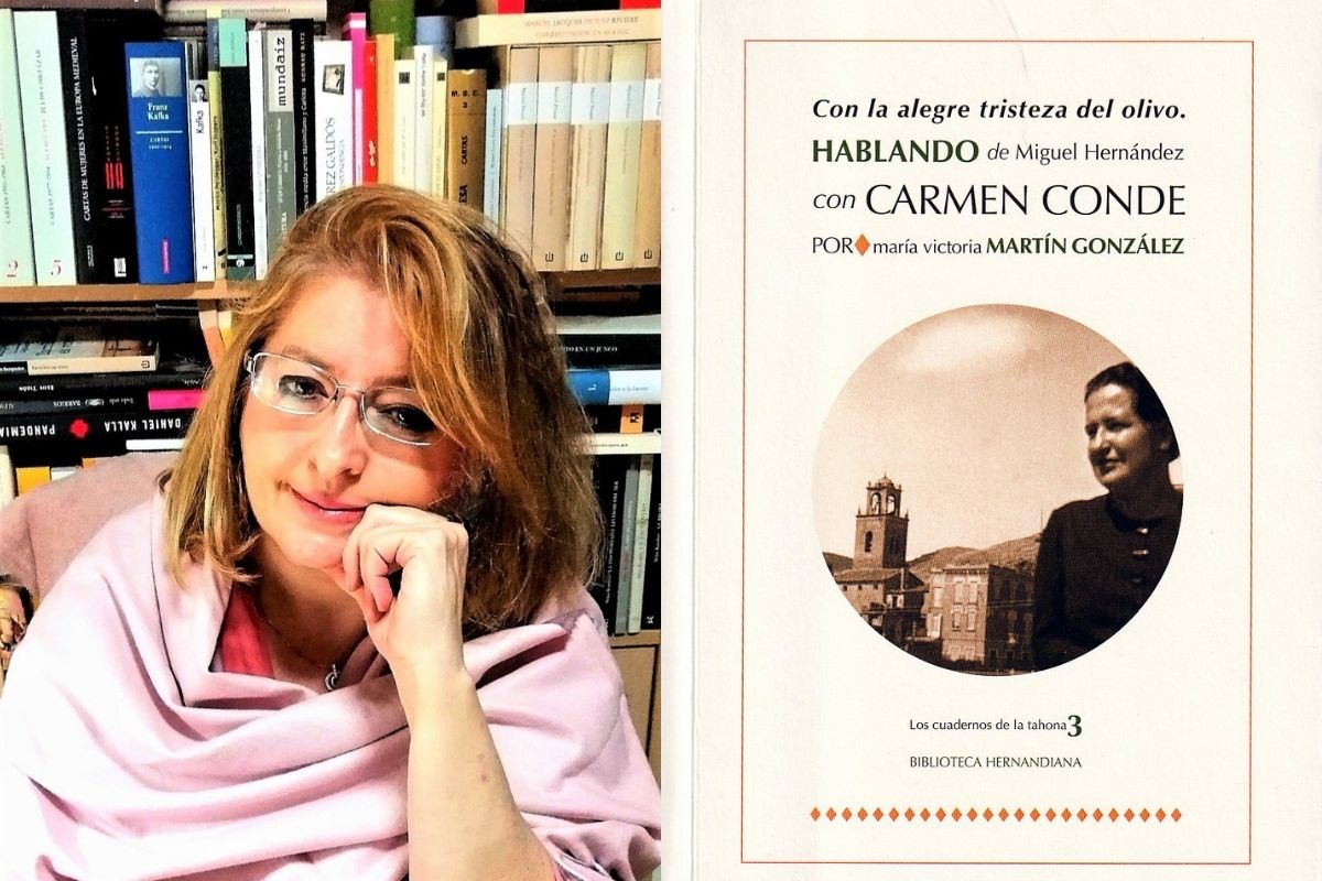 Mara Victoria Martn y la portada de su libro 'Con la alegre tristeza del olivo. Hablando de Miguel Hernndez con Carmen Conde'