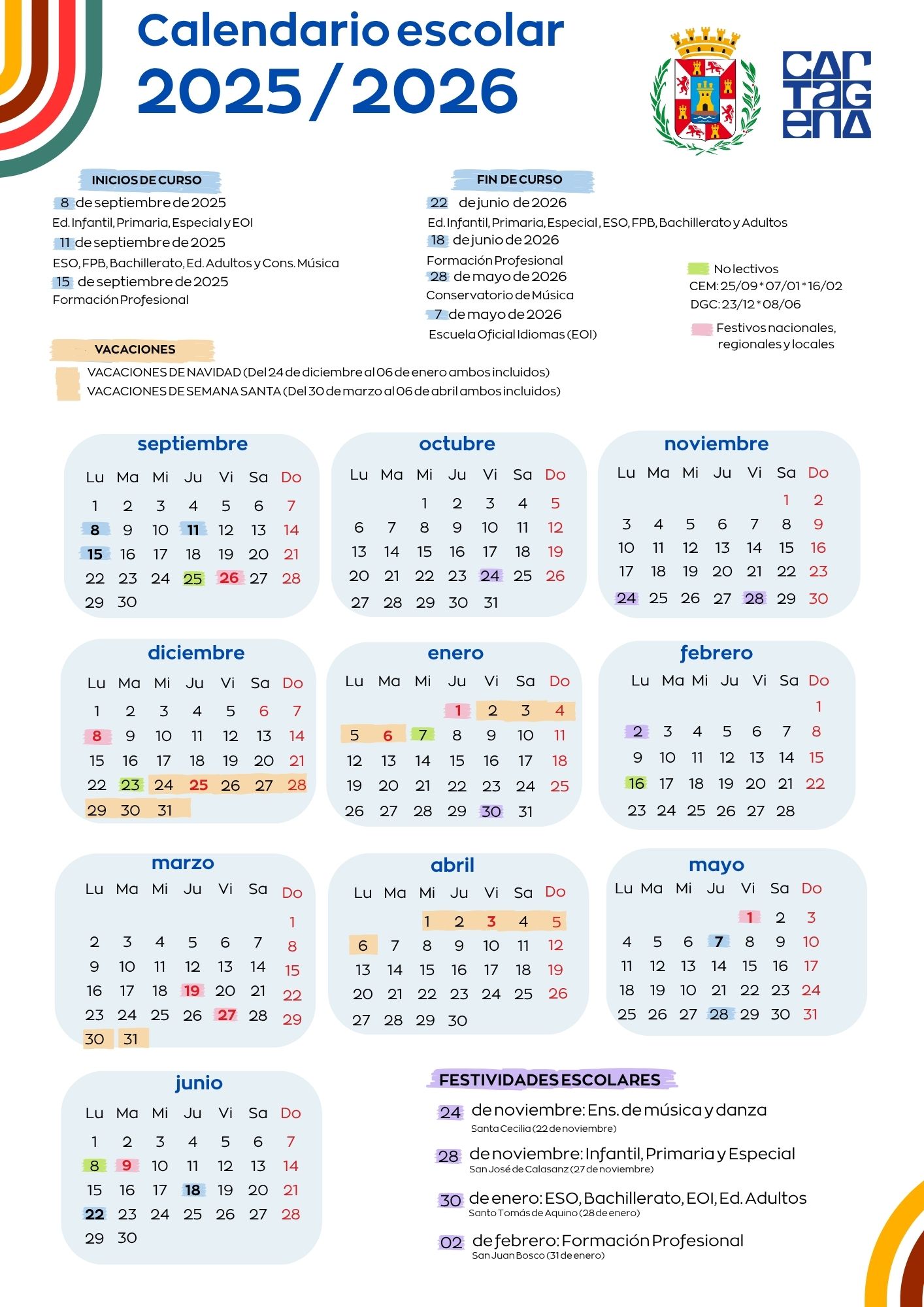 Calendario Escolar, Cartagena 2025.