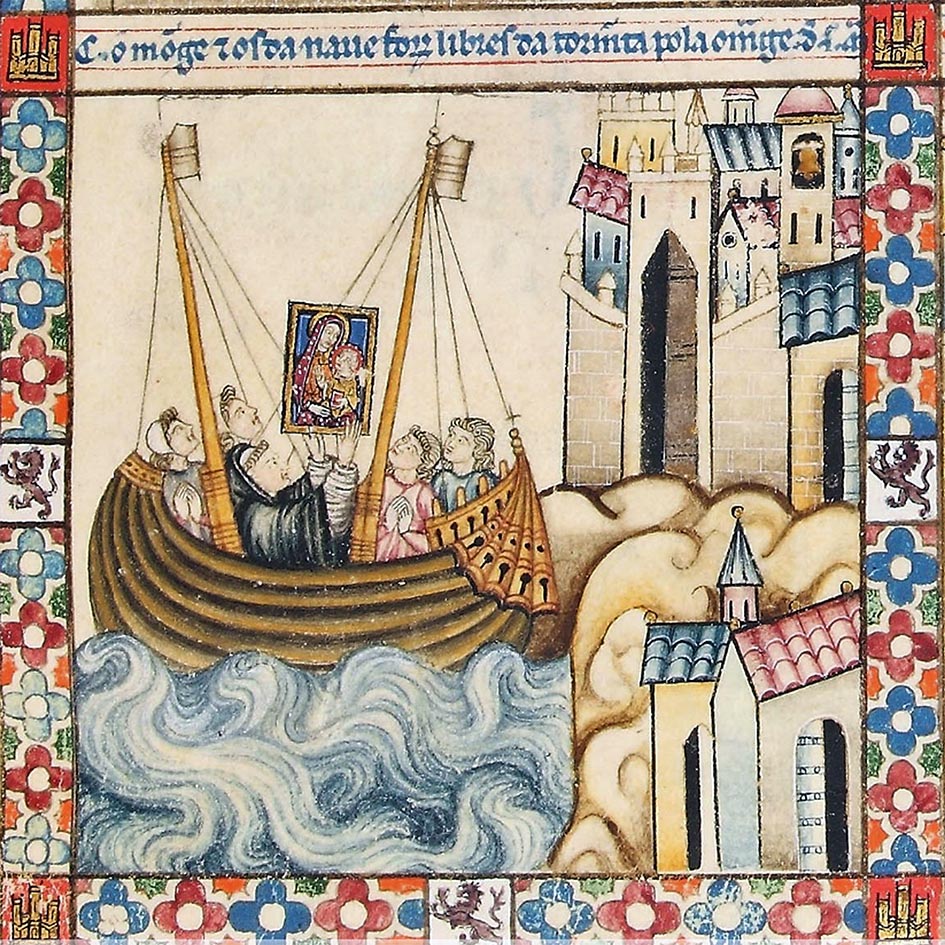 Representación icónica de la llegada de una virgen (Rosell) a una ciudad fortificada (Cartagena), según ilustración de una Cantiga de Alfonso X el Sabio